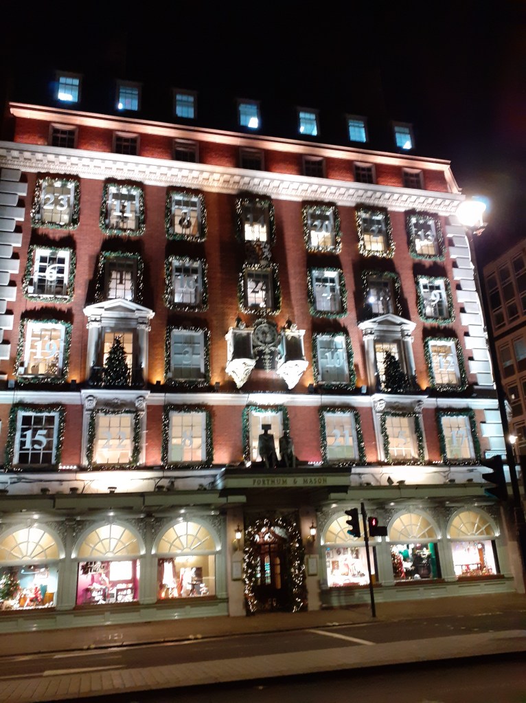 Fortnum & Mason by night, festively decorated